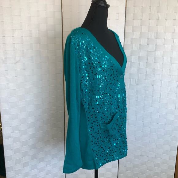 Bob Mackie Womens Wearable Art Sequin Aqua Blue Button Up Cardigan Size Small - Picture 15 of 16